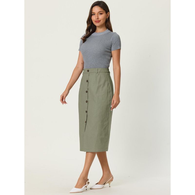 Hobemty Women's Linen High Waist Knee Length Button Front Pencil Skirts, 3 of 5