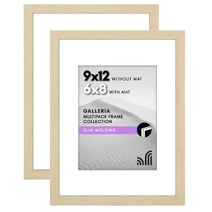 Americanflat 9x12 Picture Frame with Polished Plexiglass - Set of 2 - Use as 6x8 Frame with Mat or Display 9x12 Photo Without Mat - Natural Oak - 1 of 1