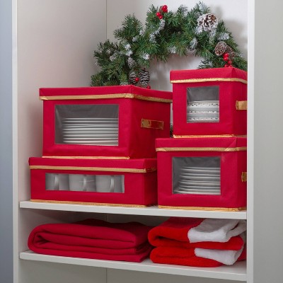 Red Fabric Collapsible Christmas Mug Storage Box with Lid