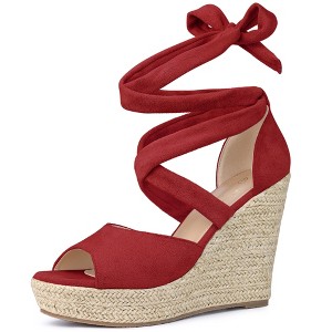 Perphy Women's Solid Color Lace Up Strappy Peep Toe Espadrilles Wedge Heels Sandals - 1 of 4