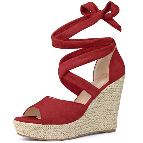 Perphy Women s Solid Color Lace Up Strappy Peep Toe Espadrilles Wedge Heels Sandals Red 7 Target