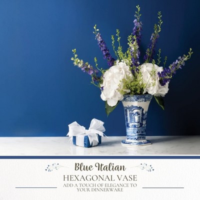 Hexagonal Blue Italian Porcelain Table Vase, 10" Geometric Design