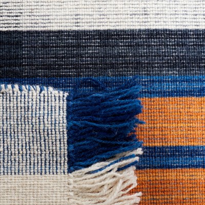 Blue and Orange Striped Wool Square Area Rug
