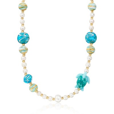 Ross-Simons Italian Multicolored Murano Glass Turtle and Bead Necklace With 6-11mm Cultured Pearls in 18kt Gold Over Sterling Size 18