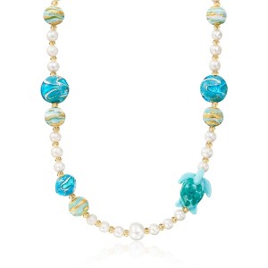 Ross-Simons Italian Multicolored Murano Glass Turtle and Bead Necklace With 6-11mm Cultured Pearls in 18kt Gold Over Sterling Size 18 - 1 of 4