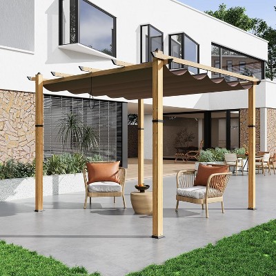 Retractable Aluminum Pergola – 10x10/10x13 Ft Wood-Grain Design, Adjustable Sunshade & Rust-Proof Frame for Patio/Backyard/Garden
