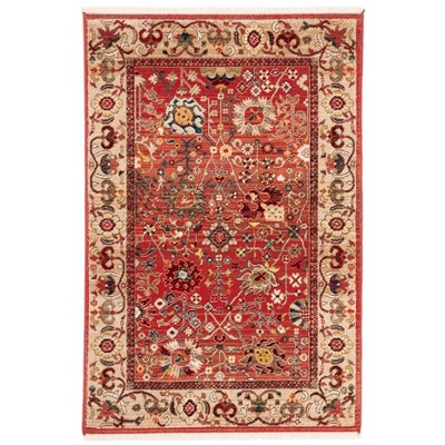 Kashan Red and Beige Synthetic Oriental Rectangular Rug