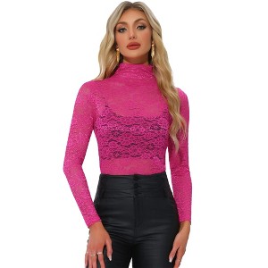 Allegra K Women's See-Through Long Sleeve Turtleneck Sheer Floral Lace Blouse - 1 of 4