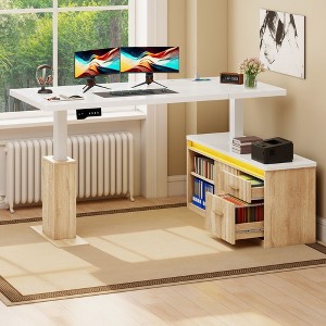 63inch Farmhouse Electric Standing Desk Adjustable Height Sit Stand Corner Stand Desks with Drawers & Sliding Door - 1 of 4