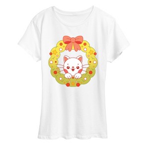 Women's - Instant Message - Chibi Cat Christmas Wreath Short Sleeve Graphic T-Shirt - 1 of 4