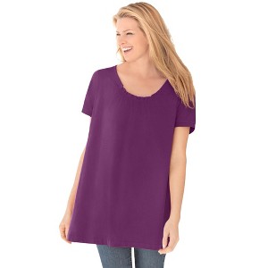 Woman Within Plus Size Perfect Short-Sleeve Shirred U-Neck Tunic - 1 of 4