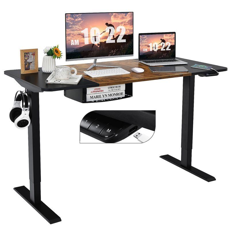 55''x28'' Electric Standing Desk Height Adjustable Sit Stand Desk w/USB Port Brown\Black, 1 of 11