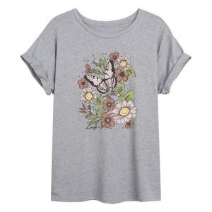 Women's Instant Message Butterfly Floral Love Oversized Graphic T
