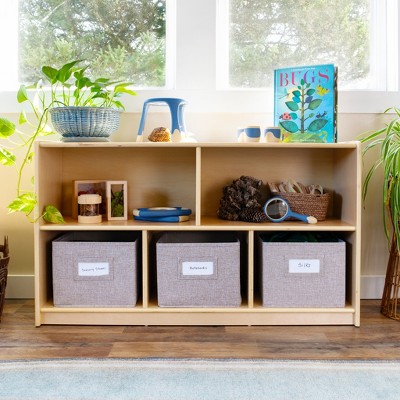 Guidecraft EdQ 2-Shelf 5-Compartment Storage 24": Wooden Classroom and Playroom Bookshelf with Bins for Kids Toys and Books