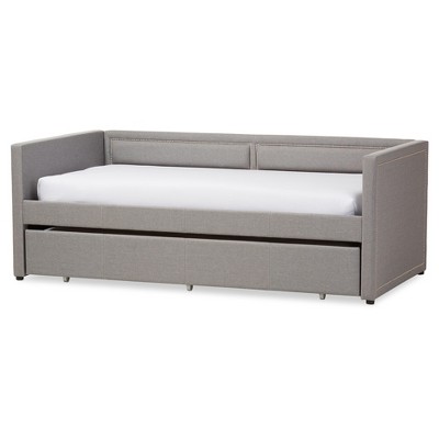 Twin Raymond Modern and Contemporary Fabric Nailhead Trimmed Sofa Daybed with Roll Out Trundle Guest Bed Gray - Baxton Studio