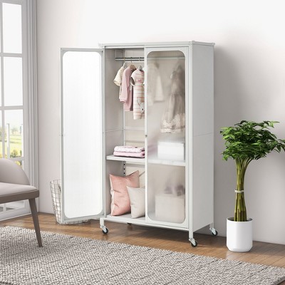 White Metal and Plastic Kids Wardrobe with Adjustable Shelves and Hanging Rod