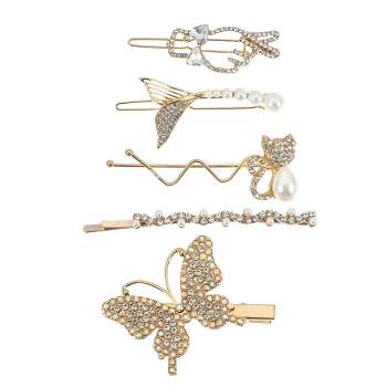 Unique Bargains Girl's Pearl Cute Style Metal Hair Clips Gold Tone 1 Set of 5 Pcs