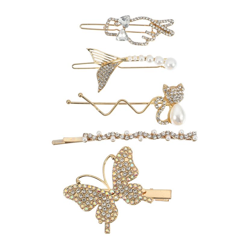 Unique Bargains Girl's Pearl Cute Style Metal Hair Clips Gold Tone 1 Set of 5 Pcs, 1 of 7