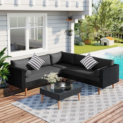 Outdoor 4-Pieces L-Shaped Sofa Set, Wicker Sofa Set with Glass Tabletop Table, Wicker Sofa with Polyester Cushions–Cuddlewood