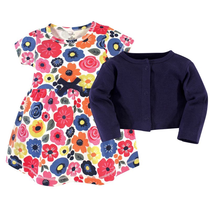 Touched by Nature Baby and Toddler Girl Organic Cotton Dress and Cardigan 2pc Set, Bright Flower, 3 of 6
