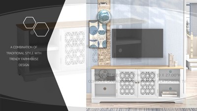 Grayish-White 70" TV Stand with Lattice Doors and Wood Top