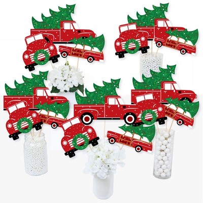 Big Dot of Happiness Merry Little Christmas Tree - Red Truck and Car Christmas Party Centerpiece Sticks - Table Toppers - Set of 15