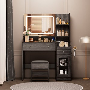 LIKEPAY Vanity Desk with Mirror, Power Outlet, Hair Dryer Bracket, Makeup Table with 2 Drawers,3 Color Modes Available for Bedroom - 1 of 4