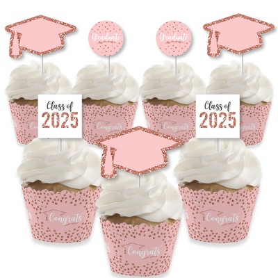 Big Dot of Happiness Rose Gold Grad - Cupcake Decoration - 2025 Graduation Party Cupcake Wrappers and Treat Picks Kit - Set of 24