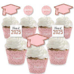 Big Dot of Happiness Rose Gold Grad - Cupcake Decoration - 2025 Graduation Party Cupcake Wrappers and Treat Picks Kit - Set of 24 - 1 of 4