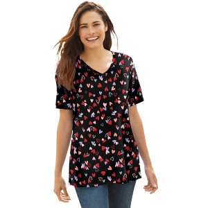 Woman Within Plus Size Perfect Printed Short-Sleeve V-Neck Tee - 1 of 4