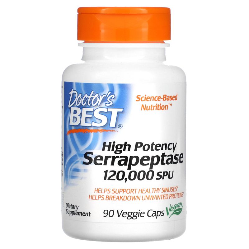 Doctor's Best High Potency Serrapeptase, 120,000 SPU, 90 Veggie Caps, 1 of 4