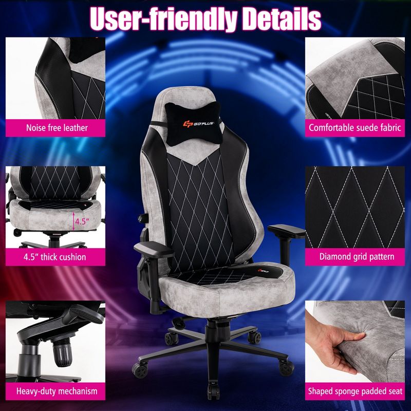 Costway Gaming Chair 360° Swivel Computer Reclining Height Adjustable 4D Armrest Grey, 4 of 11