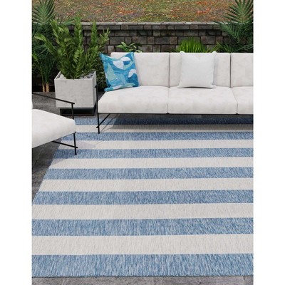 Blue and White Striped Square Outdoor Area Rug