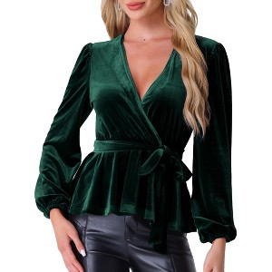 INSPIRE CHIC Women's Velvet Elegant Tie Waist Long Sleeve V Neck Wrap Peplum Blouse - 1 of 4