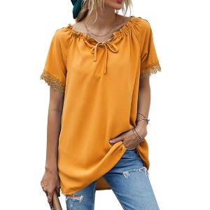 Anna-Kaci Women's Short Sleeve Peasant Blouse with Lace Trim Sleeves and Tie Neckline - 1 of 4