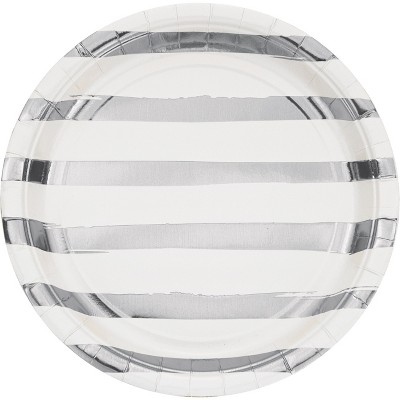  24ct White and Silver Foil Striped Paper Plates White 