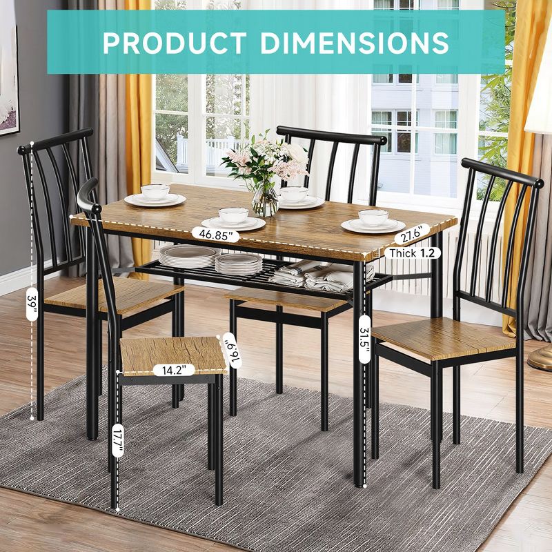 Whizmax 5 Piece Dining Table Set for 4, Metal and Wood Rectangular Dining Room Table Set for Kitchen, Dining Room, Dinette, Rustic Brown, 4 of 10