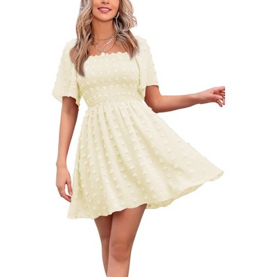 EXLURA Women's Summer Casual Square Neck Dresses Ruffle Short Sleeve Swiss Dot Flowy Mini Dress