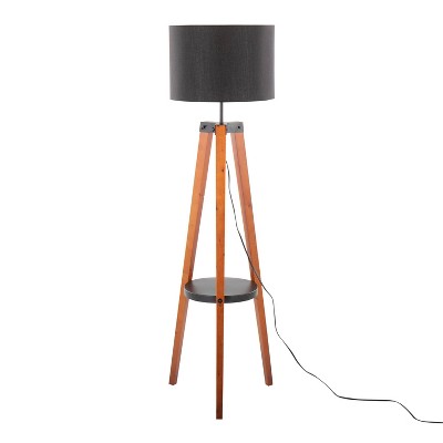 Walnut Wood Black Linen Tripod Floor Lamp with Shelf