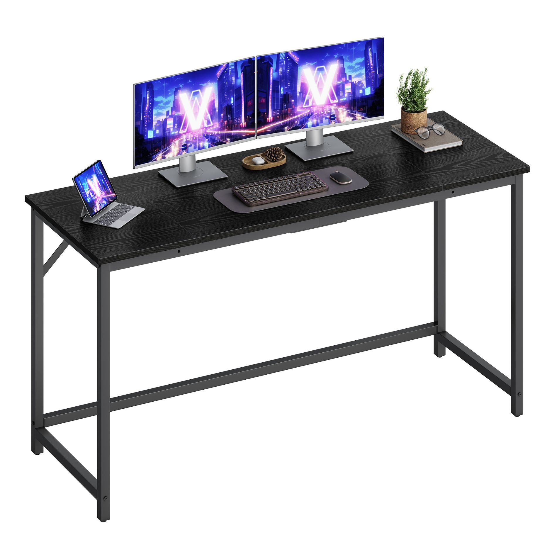 LEDREM 55.1" Computer Desk, Office Workstation with Steel Frame, Minimalist Study Table for Bedroom Home Office