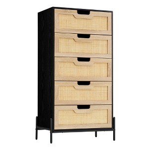 Rattan 5 Drawer Dresser, Large Natural Wood Chest of Drawers with Oak Finish, Boho Rattan Bedroom Furniture - 1 of 4