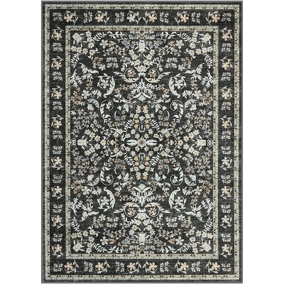 Vintage Floral Washable Rug, Non-Slip Rubber Backing Low Pile Carpet, Foldable Accent Mat for Living Room & Bedroom