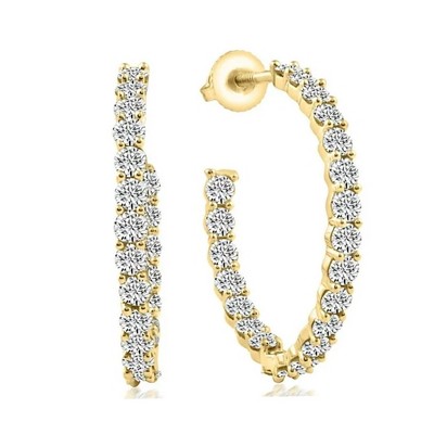 Pompeii3 2 1/4Ct Diamond Inside Outside Hoops 10k White or Yellow Gold Earrings 1" Tall