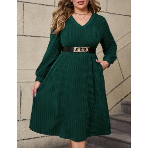 Women's V-Neck Batwing Sleeve Sweater Dress with Elastic Waist Belt - 1 of 4
