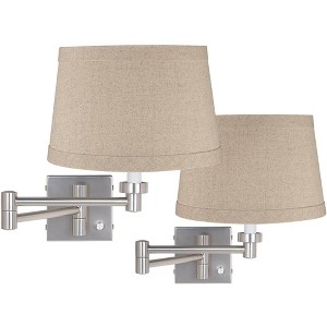 Possini Euro Design Modern Swing Arm Wall Lamps Set of 2 Brushed Nickel Plug-In Light Fixture Natural Linen Drum Shade for Bedroom - 1 of 4