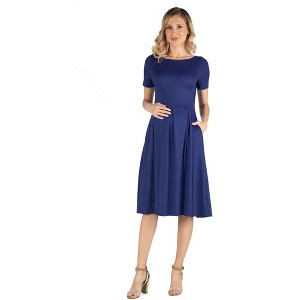 24seven Comfort Apparel Maternity Midi Dress with Short Sleeve and Pocket Detail - 1 of 4