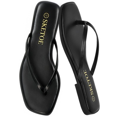 Flip Flops for Women Square Toe Flat Sandals for Women Comfortable Thong Sandals Vegan Leather Flip Flops Slides Black
