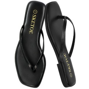 Flip Flops for Women Square Toe Flat Sandals for Women Comfortable Thong Sandals Vegan Leather Flip Flops Slides Black - 1 of 4