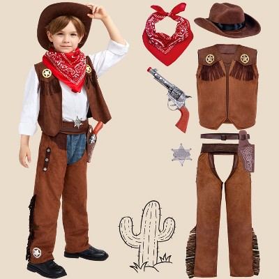 Joyfy Kids Brown Cowboy Western Halloween Costume Set, Deluxe Cowboy Outfit Set with Hat for Boys Halloween Dress-up Role Play Party
