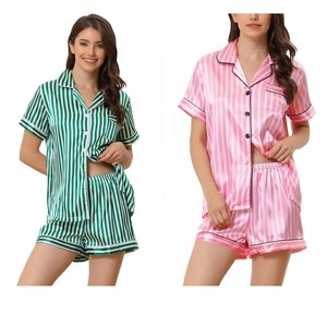 INSPIRE CHIC Women's 4 Pcs Striped Silky Satin Sleepwear Button-Up Shirt & Shorts 2025 Lounge Set - 1 of 4